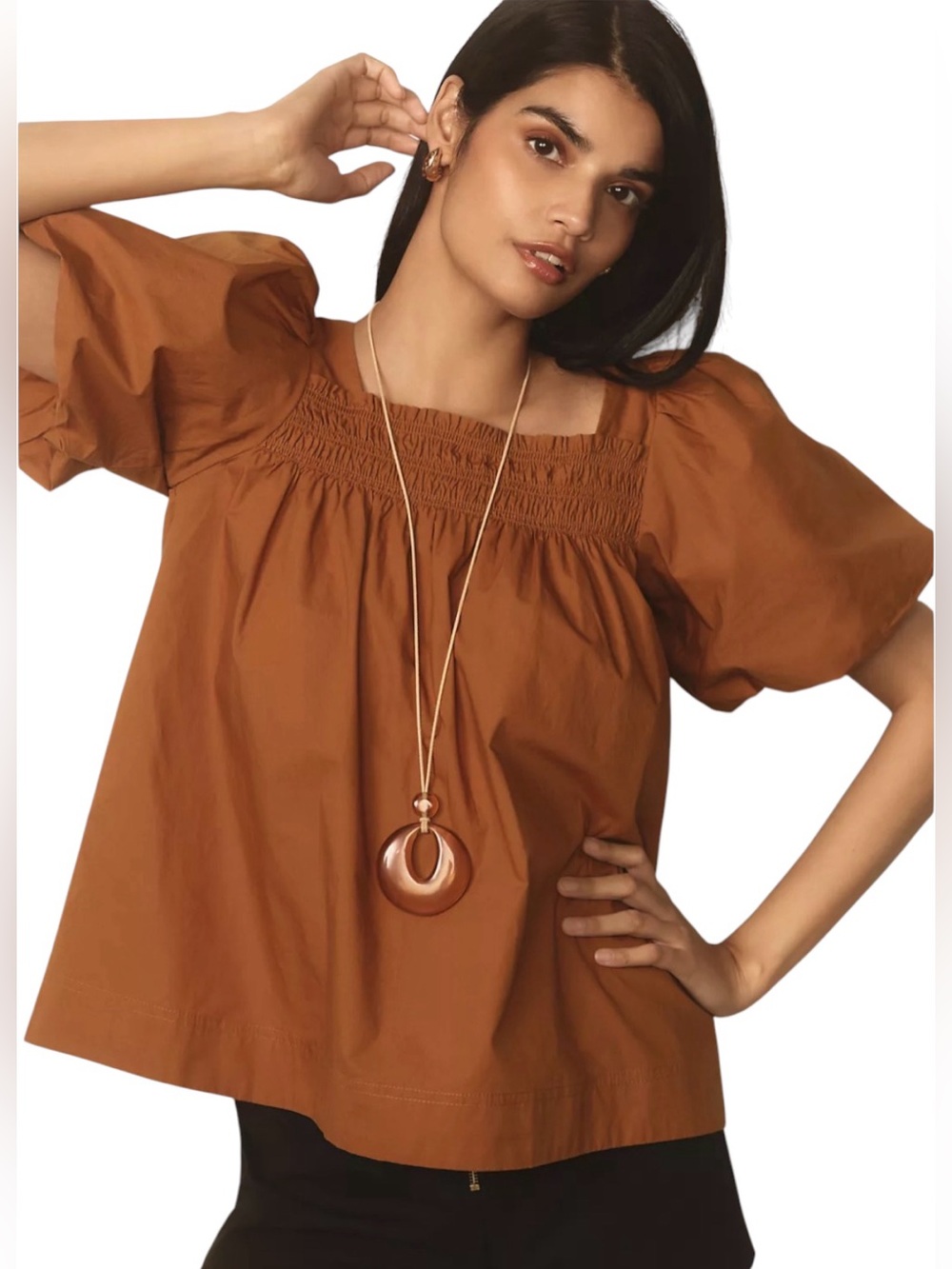 Anthropologie Rust Square-Neck Puff Sleeve Blouse Sz/M NWT.